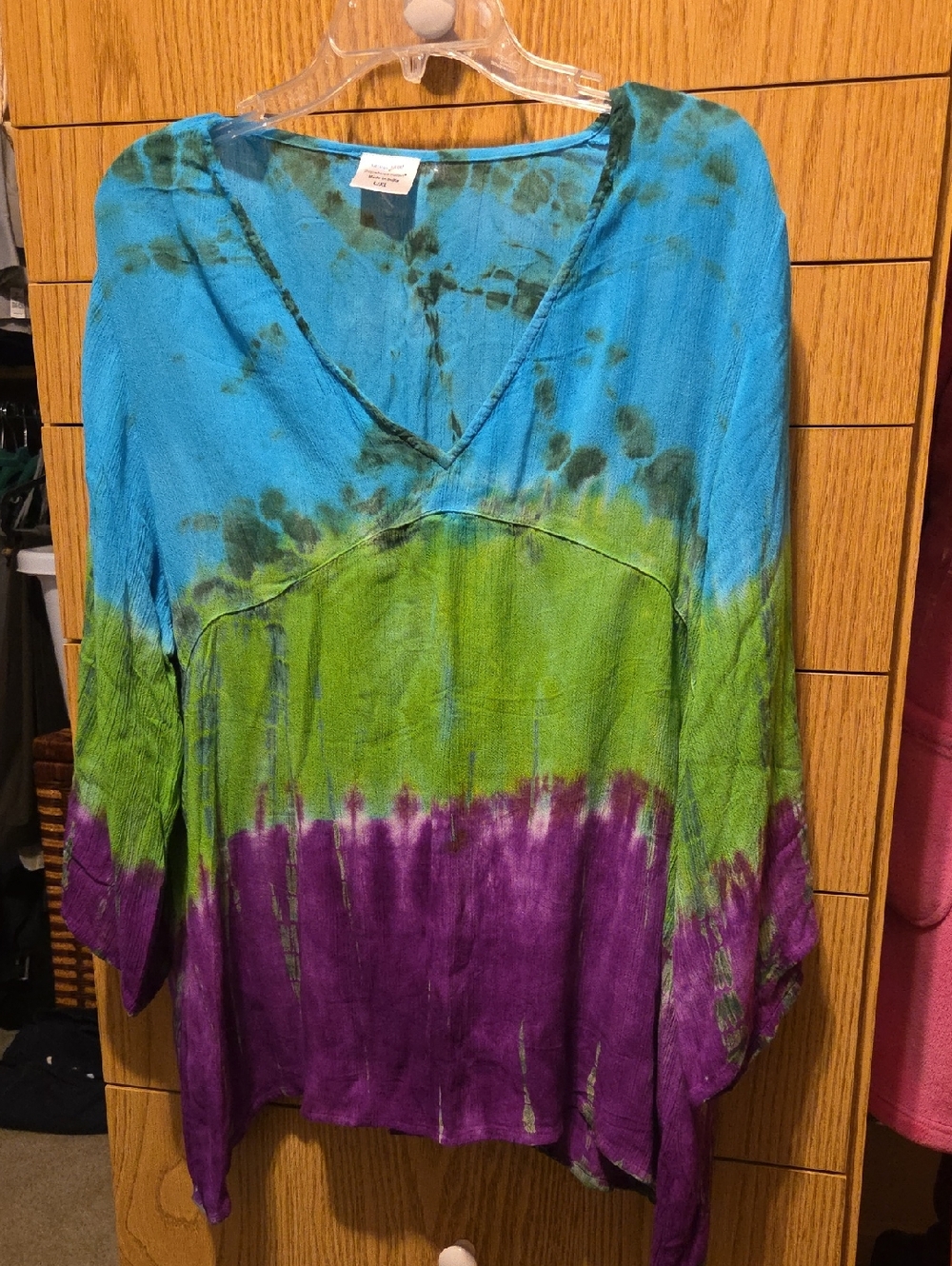 Women's Tie-Dye V-Neck Tunic Top in Blue, Green & Purple